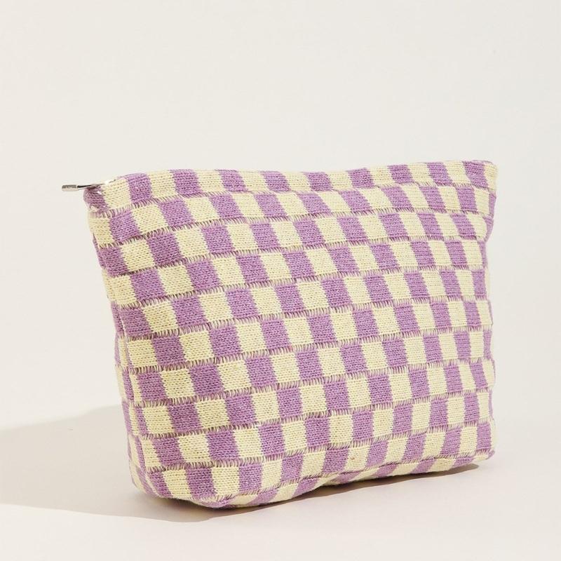 Crochet Makeup Bag Checkered Toiletry Bag Cosmetic Bag Versatile Storage Bag for Brush Lipstick Stationery Personal Care