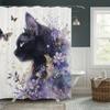 1Pc Artistic Black Cat With Butterflies & Flowers Shower Curtain - Digital Printed Polyester, Non-Perforated, Machine Washable B