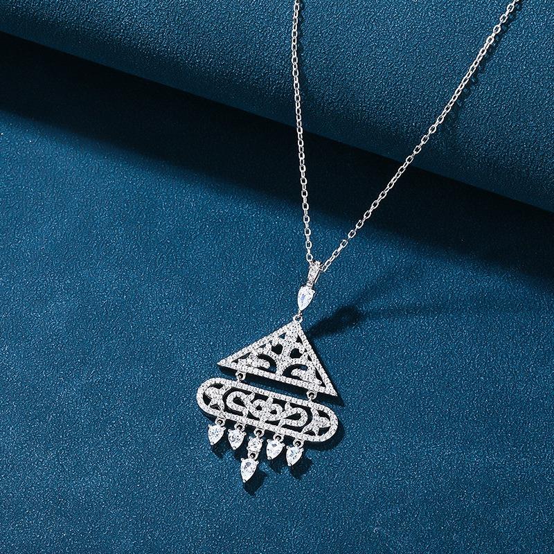 S silver, retro triangular zirconium set, hollowed-out water drop fringed earrings, collarbone chain, women's silver jewelry supply