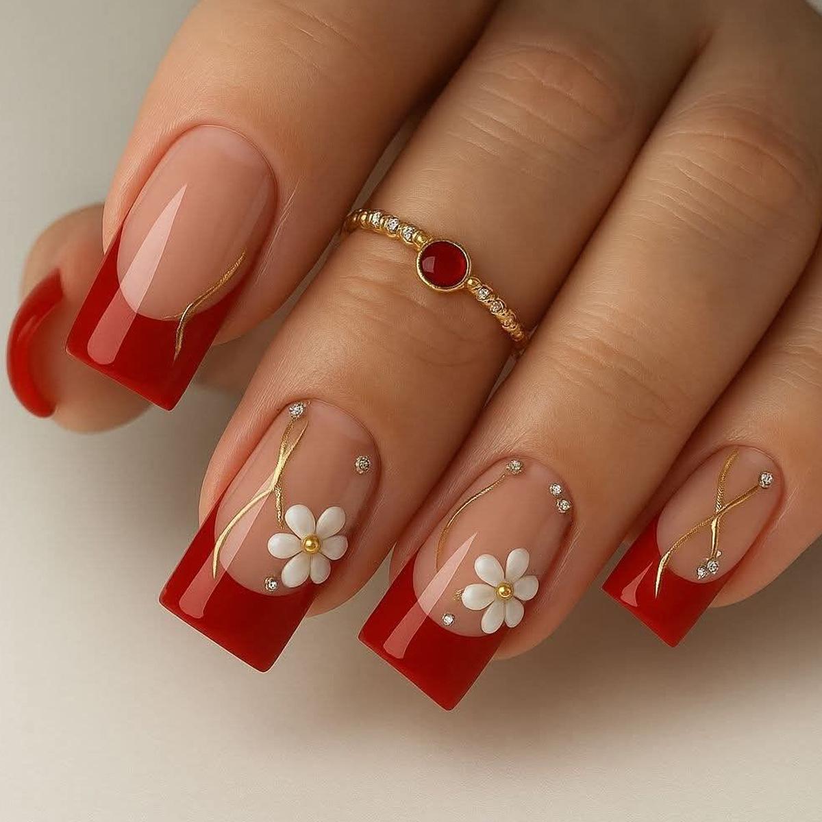 Square Red French Tip Nails with Gold Dot Rhinestone Flower Design
