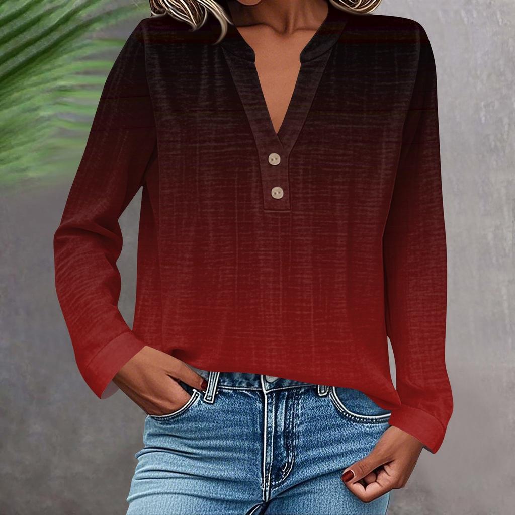 Camisa de Moda y Casual para Mujer Manga Larga Cuello en V Botones Estampada Blusa Top