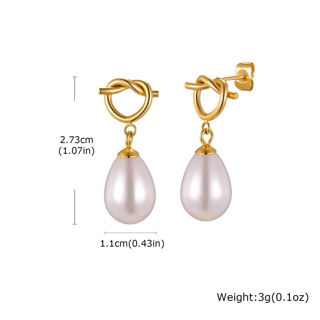 Drop Earrings with Knot Teardrop Pearl, 18K Gold Plated Stainless Steel Dangle Jewelry, Waterproof Anti-Tarnish Party Gift