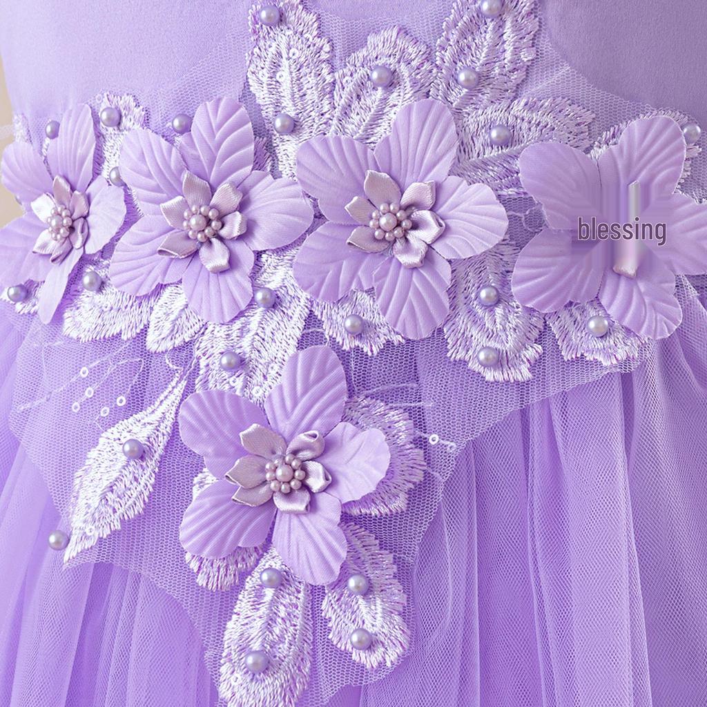 Girls' Sleeveless Mesh Princess Dress with Embroidery & Appliques - Formal Performance Wear