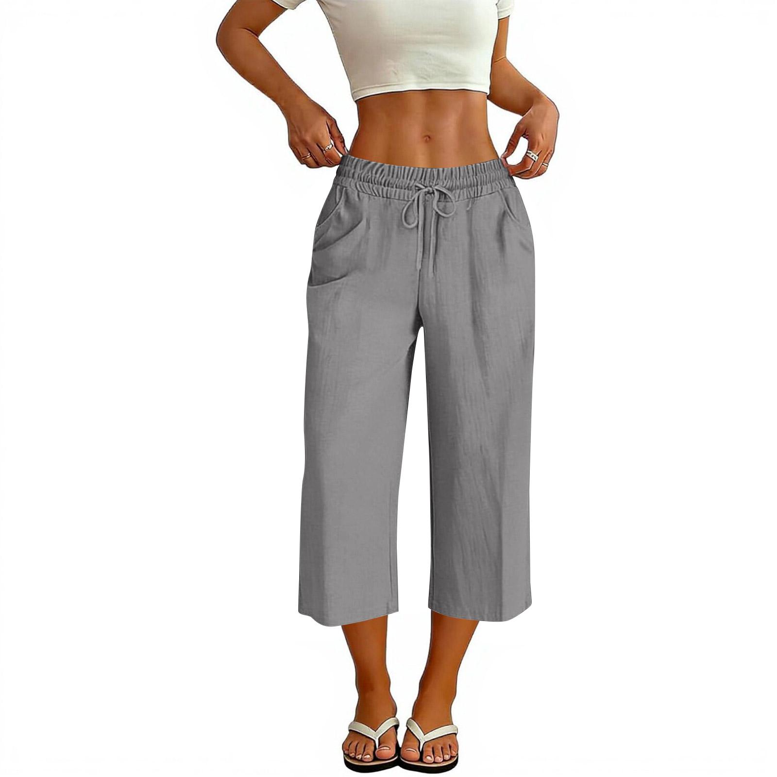 

Women s fashion cotton and linen wide leg cropped pants (no back pocket) M