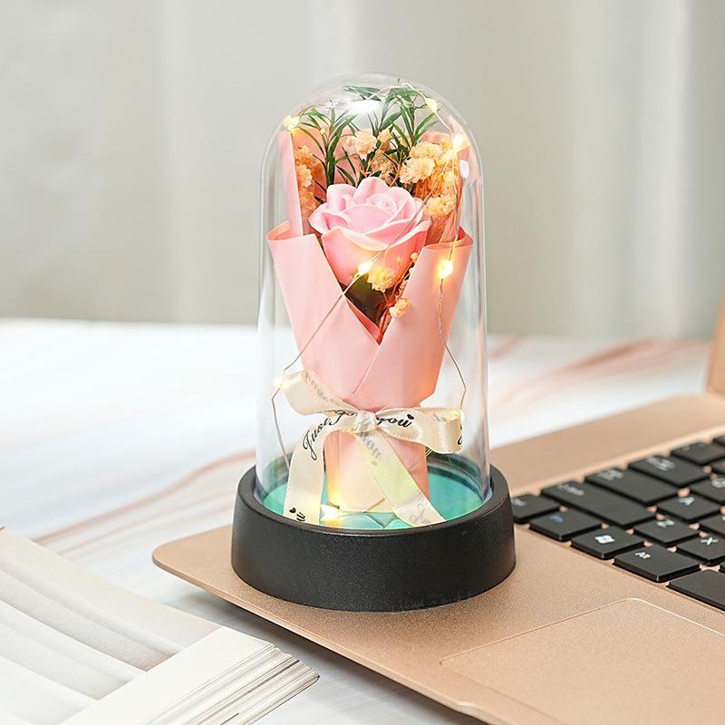 Handmade Artificial Flower Rose Sunflower Desktop Ornament with Led Lights Romantic Home Decor Gifts for Valentines Day Gift