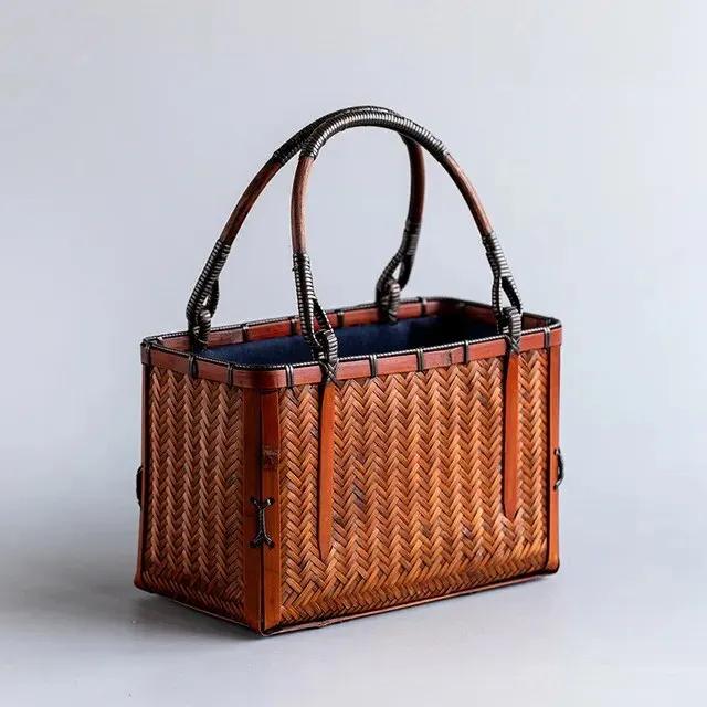 

For Chinese Style Teacup Japanese-style Bamboo Woven Storage Bags Handmade Retro Basket Teapot Travel Outdoor Tea Cozies