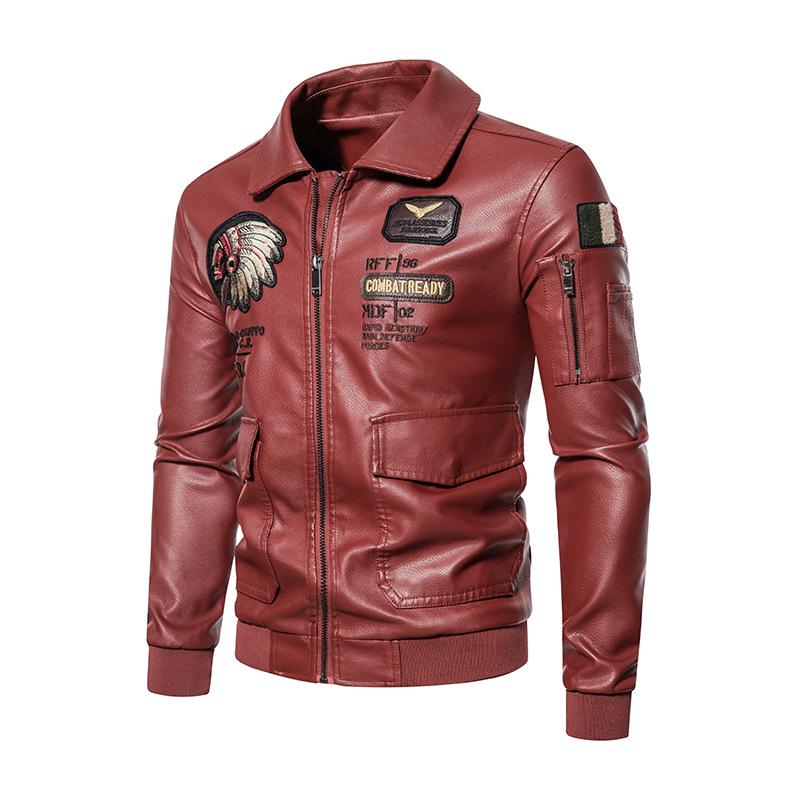 New Men's Pu Leather Jacket Men's Lapel Embroidered Motorcycle Jacket Spring and Autumn Men's Casual Trendy Leather Jacket