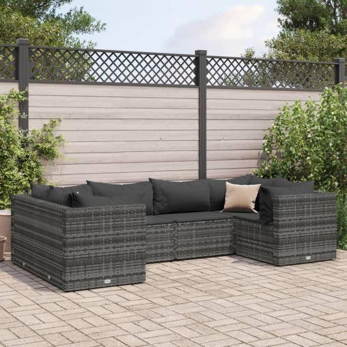 VidaXL Salon de jardin 6 pcs avec coussins Gris Résine tressée, ensemble de canapés d'extérieur, canapé d'angle de jardin, 3308250