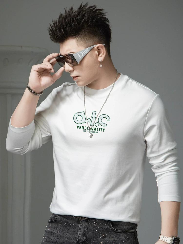 European Trendy Brand Letter Print Long-Sleeve T-Shirt for Men, Autumn 2025 New Casual Base Shirt, Round Neck Top for Men
