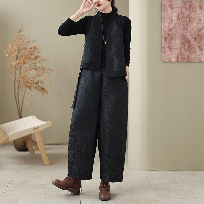 

Stylish Asymmetrical Jacquard Vest & Elastic Waist Wide-Leg Pants Set for Women - Spring/Autumn Collection 2XL чёрный