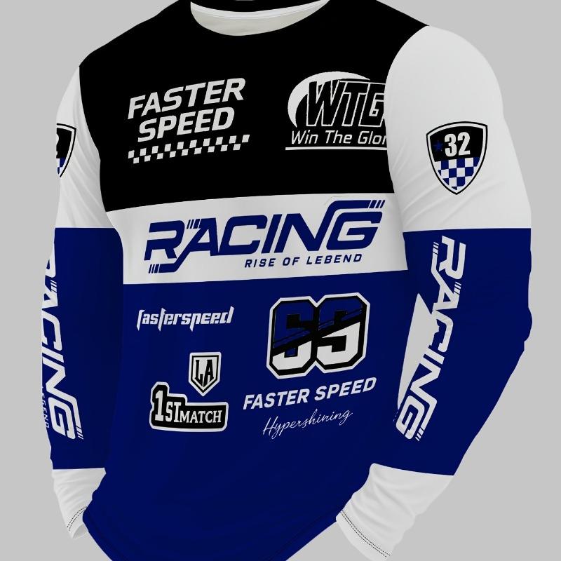 Men's Round Neck T-Shirt / Long Sleeve / Trendy Racing Element Print Top / Individual Letter Pattern Casual Wear