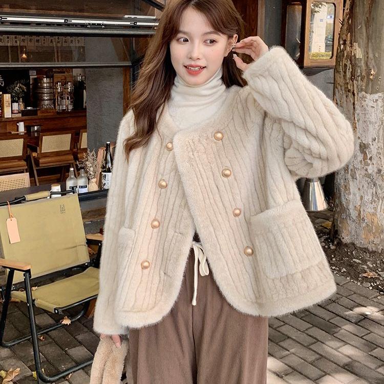 Winter  Faux Fur Coat Women Cotton-padded Double-breasted Thick Overcoat