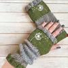 Gants en tricot sans doigts avec broderie de chat et patchwork, Gants décontractés ouverts aux doigts tendance pour femme, Mitaines chaudes d'hiver sans doigts