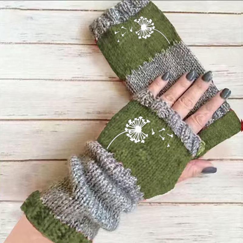 Gants en tricot sans doigts avec broderie de chat et patchwork, Gants décontractés ouverts aux doigts tendance pour femme, Mitaines chaudes d'hiver sans doigts