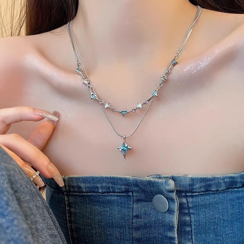 Double-layer blue tetragonal zircon necklace women's summer niche design accessories fashion temperament collarbone chain