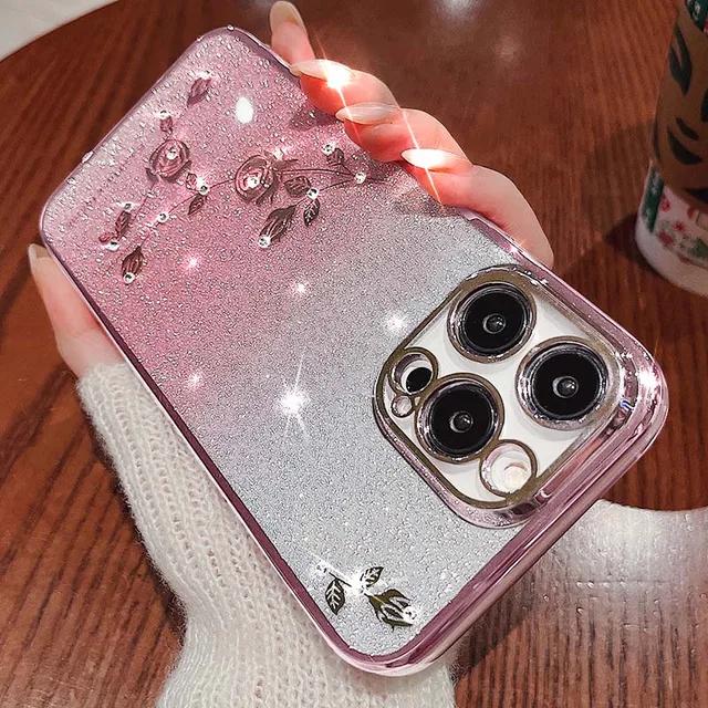 

Чохол для телефону SoCouple Glitter Rhinestones для iPhone 15 14 11 12 13 Pro Max Mini XS XR X 7 8 Plus Shiny Diamond Soft Cover For iphone 12 Pro рожевий