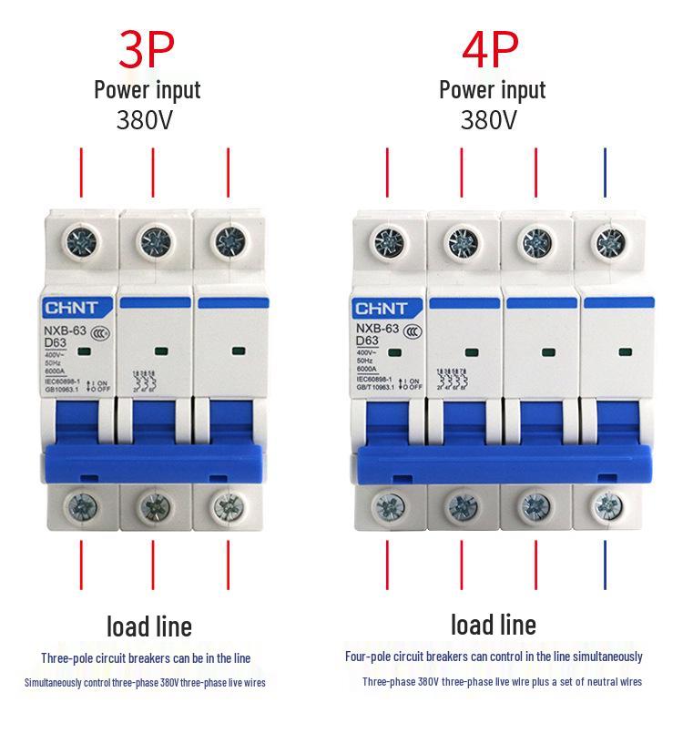 Chint NXB Air Switch Circuit Breaker: 1P, 2P, 3P, 4P Household Type D Three-Phase Disconnector 380V.