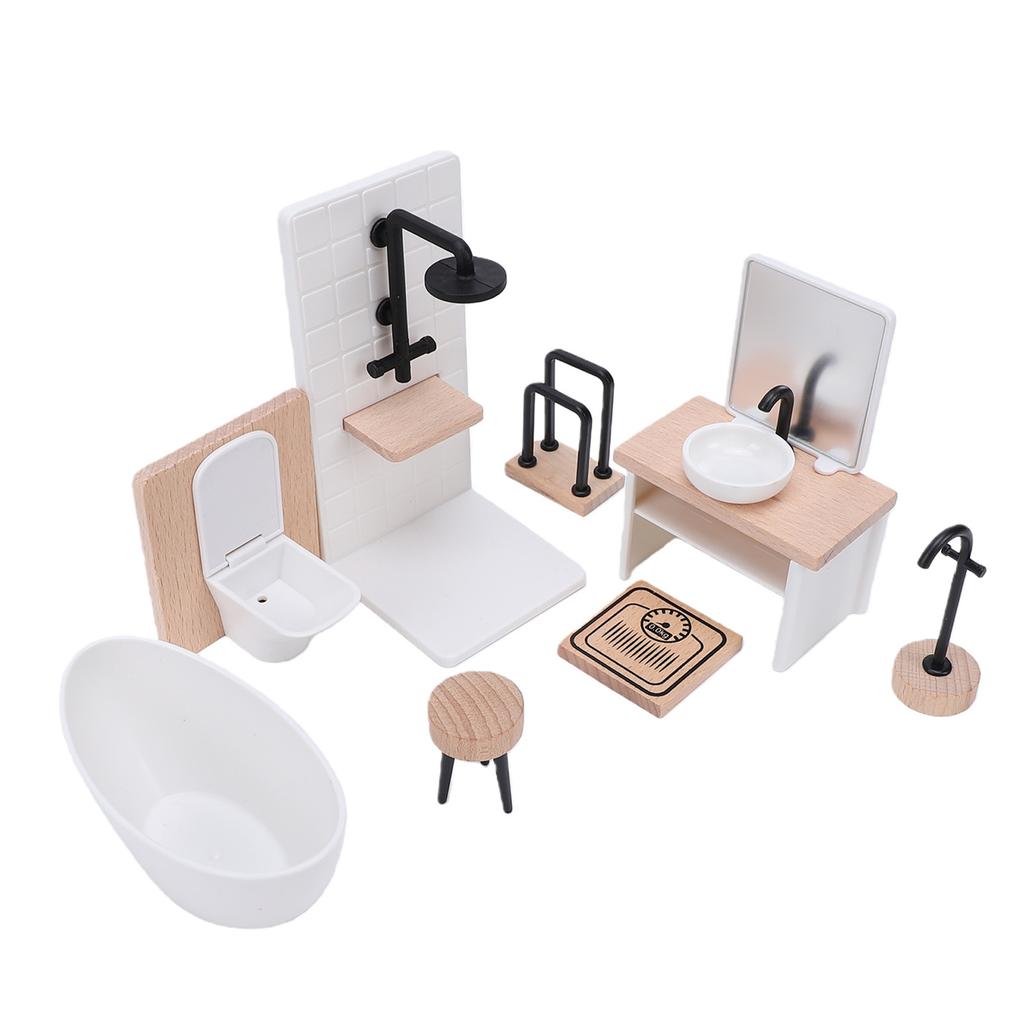 1:12 Scale Miniature Dollhouse Bathroom Set Mini Shower Room Toilet Sink Bathtub Stool Faucet Furniture Accessories