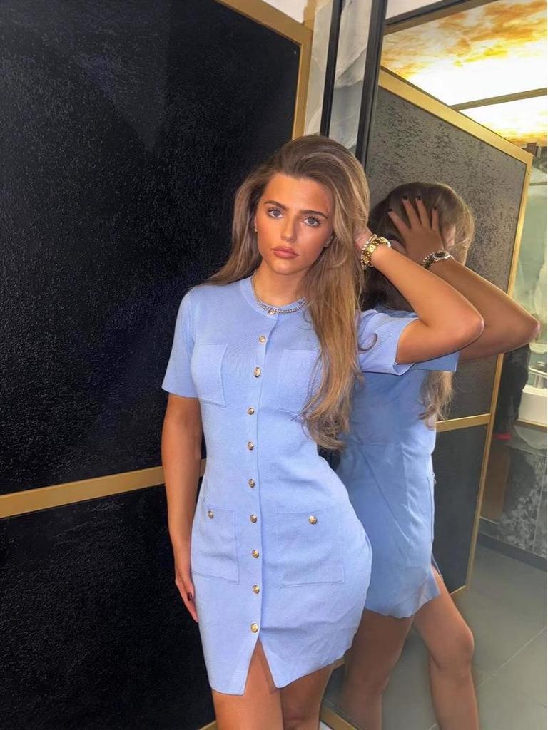 Women's Solid Color Knitted Short Sleeve High Waist Single-Breasted Bodycon Dress