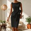 Women Sleeveless Bodycon Dress Ruched Bow Tie Side Slit Midi Dress Lady Formal Cocktail Party Work Dress