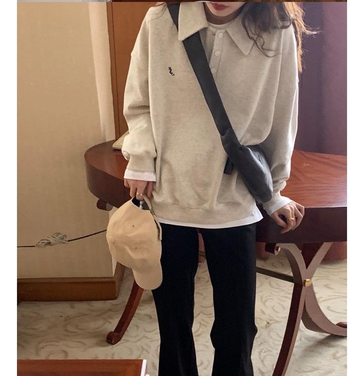 American Retro Gray Straight-Shoulder No-Hood Women's Sweatshirt - Autumn Thin Style, Petite Fit, Loose and Casual