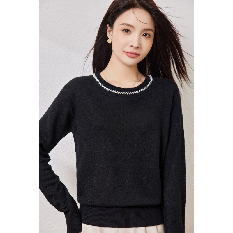 Silk-containing Wool Sweater Women's Autumn New Beaded Top Round Neck Lazy Fan Knitted Sweater Backing Sweater