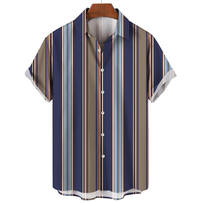 Men's Hawaiian Shirt Summer Stripe Printed Short Sleeved Shirts Lapel Button Large Men Street Clothing Fashion Casual Social Top