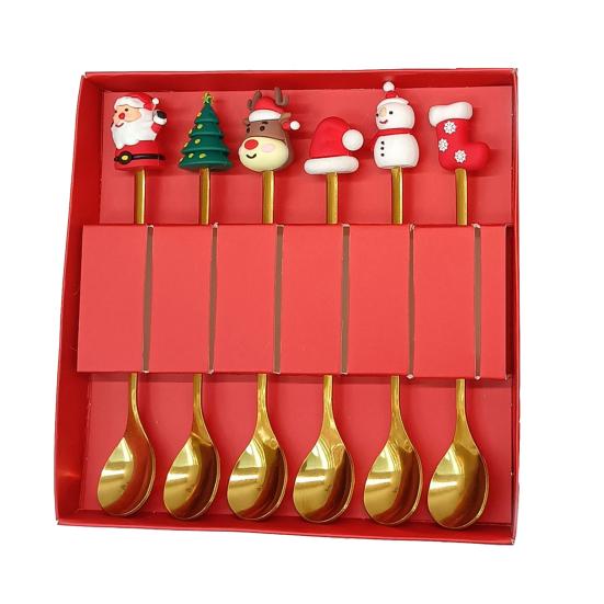 Nerezová vánoční sada lžiček s motivem stromku, Santa Clause a hvězdy, lžičky na míchání kávy, slavnostní kuchyňské náčiní s dárkovou krabičkou