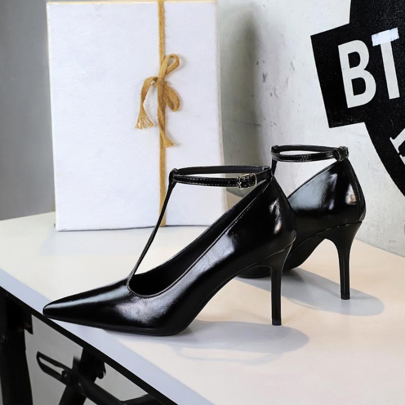 Fashion Pointed Toe High Heels With Polished Leather T-Shaped Buckles Shallow Mouth Single Shoes Fashionable Simple Women's Shoes