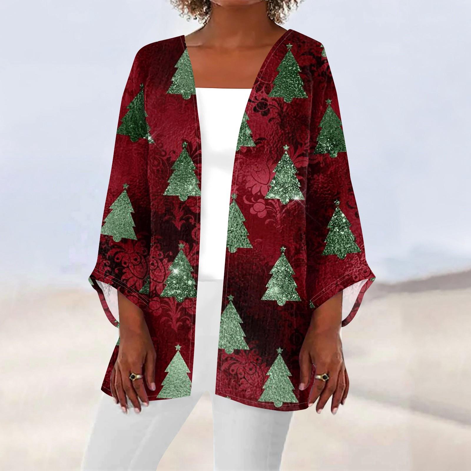 

Женская повседневная мода с рождественским принтом легкая куртка средней длины кардиган XXXXL