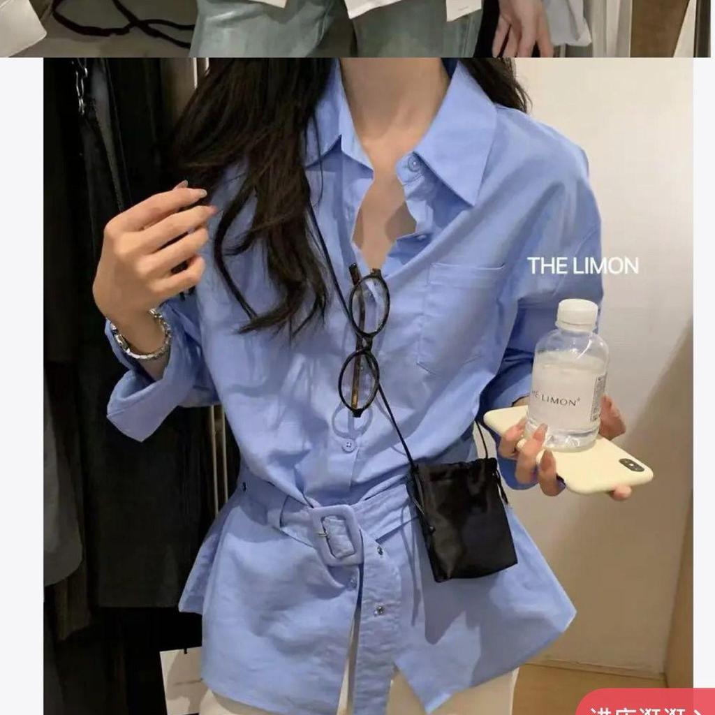 Korean Design Waist-Cinched Slimming Shirt with Belt - Spring/Summer 2025 Women's Casual Top