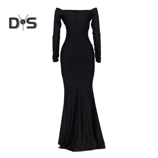 Lady Evening Dress V Neck Off Shoulder Side Slit Floor Length Long Sleeves Pleated Slim Fit Maxi Dress Ball Gown Banquet Party Dress
