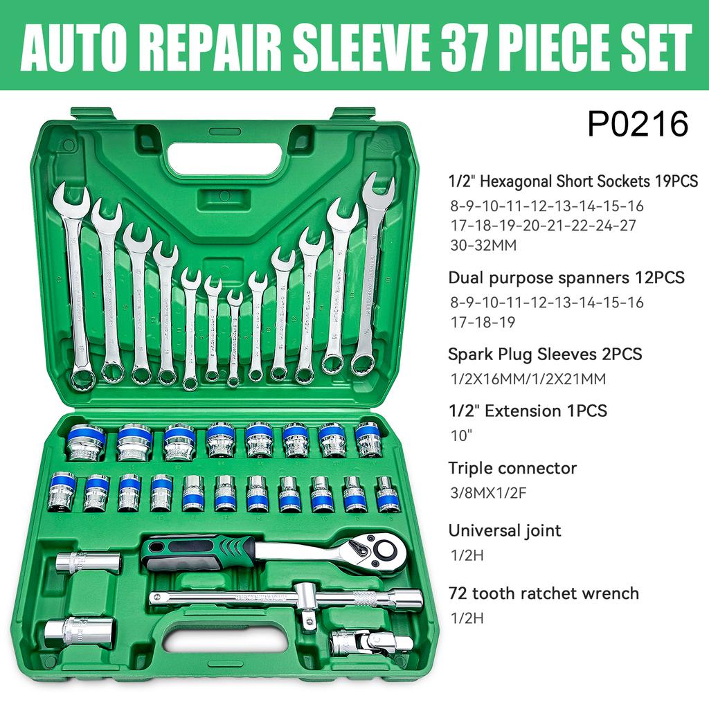37pcs/set Socket Wrench Ratchet Set Repair Tools Chrome Vanadium Steel Wrench Multi-Varieties Efficient Ratchet Wide Application