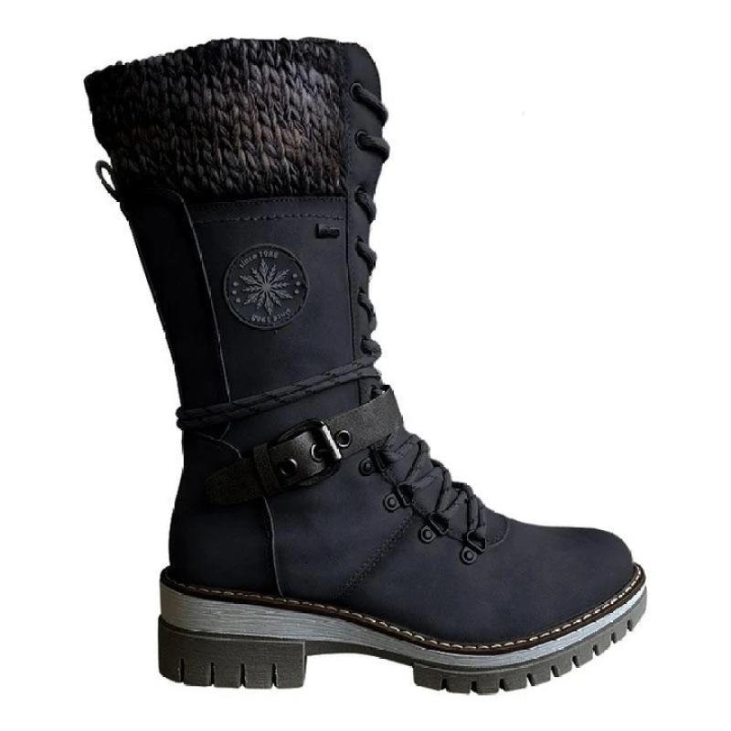 Women's Solid Color Trendy Boots, Side Zipper Buckle With Knit Side Boots, Non-Slip Mid Calf Winter Boots
