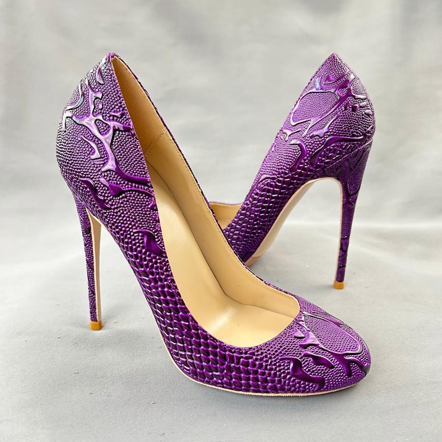 Neue Mode Lila Runde Kappe Frauen Pumpt Dünne High Heels 10cm /12cm Absätzen Spitze Zehen Slip Auf Flachen Abendschuhe Frau 35-45