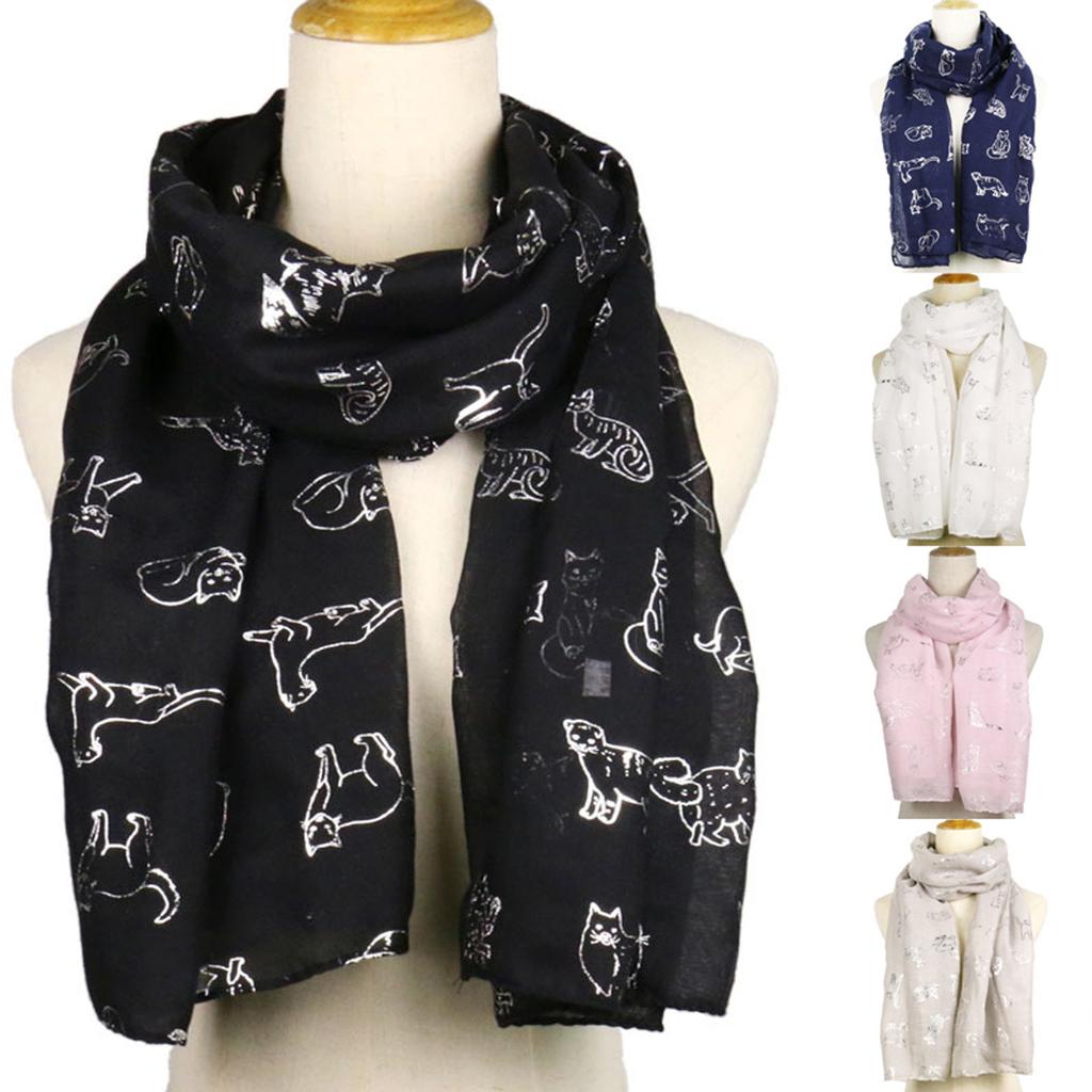 Kadın Moda Kedi Folyo Baskılı Eşarp Wrap İpek Şal Seyahat Atkılar