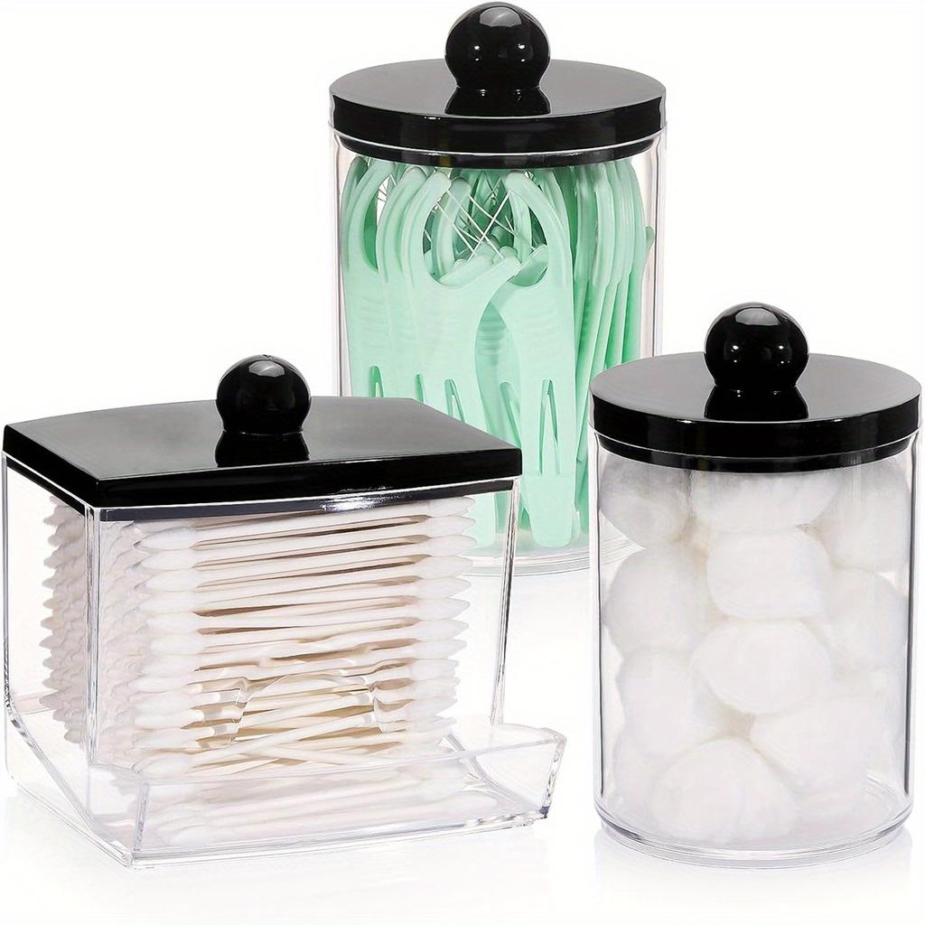 3 Pack Bathroom Organizers and Storage Containers Qtips Holder Dispenser Plastic Apothecary Jars with Black Lids for Cotton
