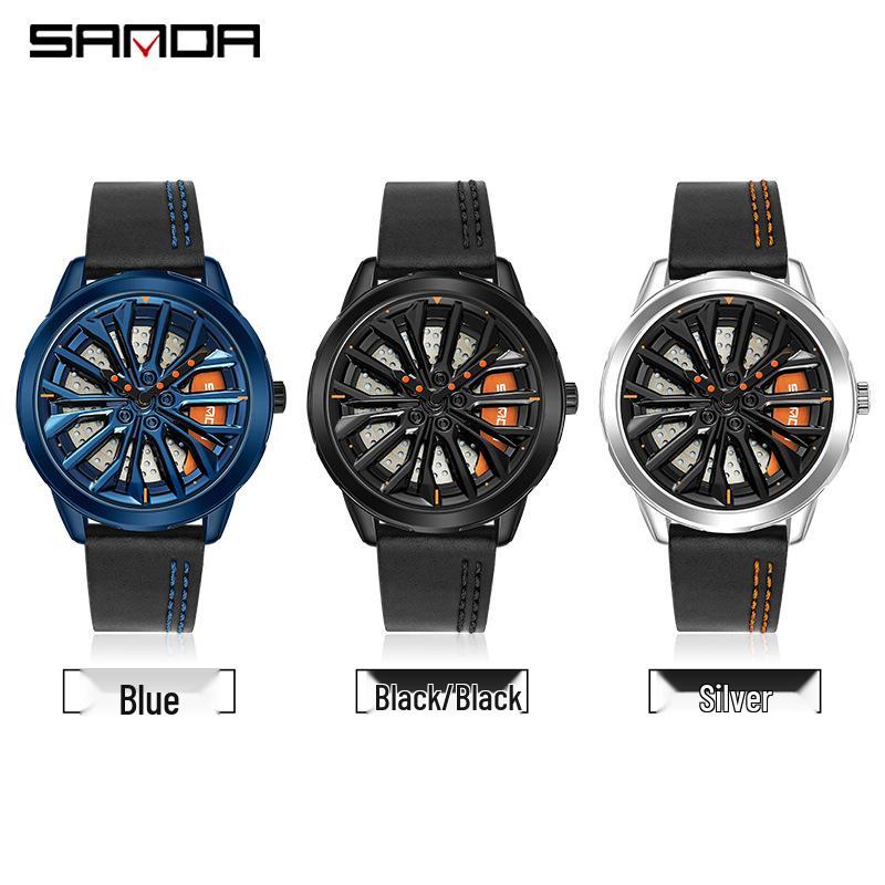 Sanda Men's Creative Wheel Quartz Watch - Trendy Rotating Waterproof Wristwatch
