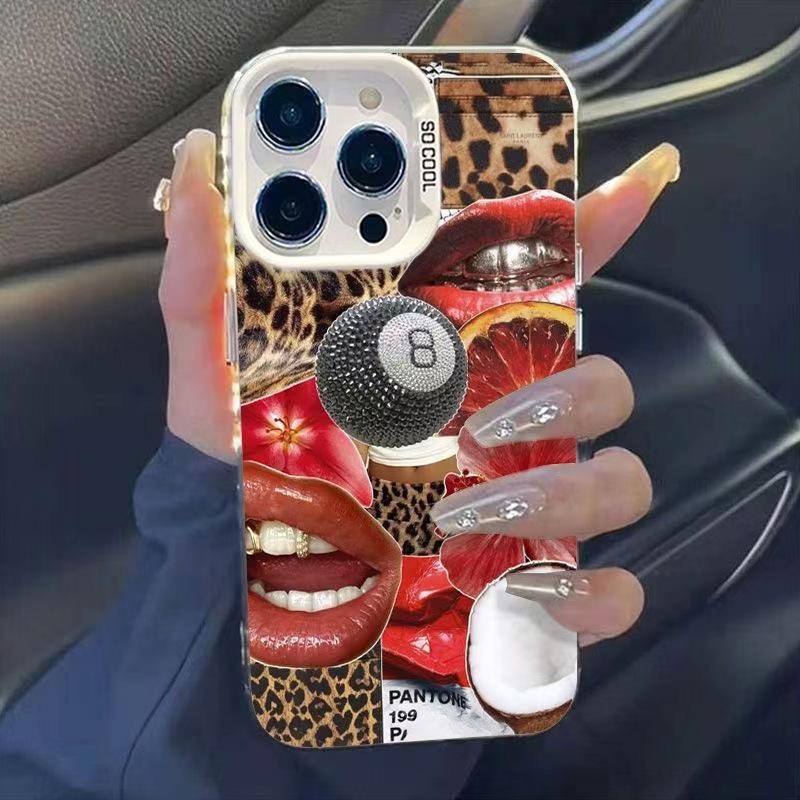 Leopard Print Red Lips Black Phone Case for iPhone 17Pro, 16Pro, 15, and 14Pro iPhone 14 Pro