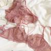 French Ultra-Thin Sexy Lace Bra Set, Underwire Minimizer Side Gathering Sheer Women Lingerie Set
