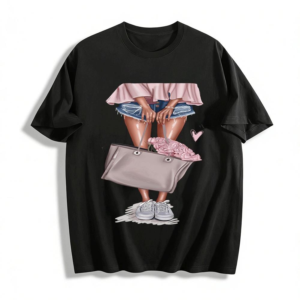 

Pink Rose Tote Bag Girl Print Casual Top Pure cotton T-shirt XXS