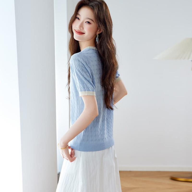 Women's Silk Blend Color Block Knitted Short Sleeve Top