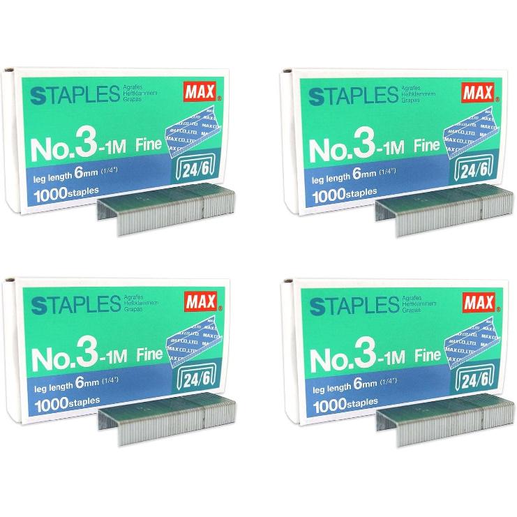 PLESIU MEselected MAX No.3-1M Flat Clinch Staples (24/6) for Office - 4 Boxes (4,000-Staples) - Silver