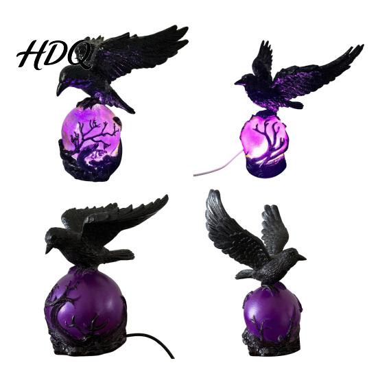 Dark Academia Decor Gothic Raven LED Ball Lamp Mysterious Crow On Orb Sculpture Lamp Resin Halloween Decorative Table for Bedside Bedroom