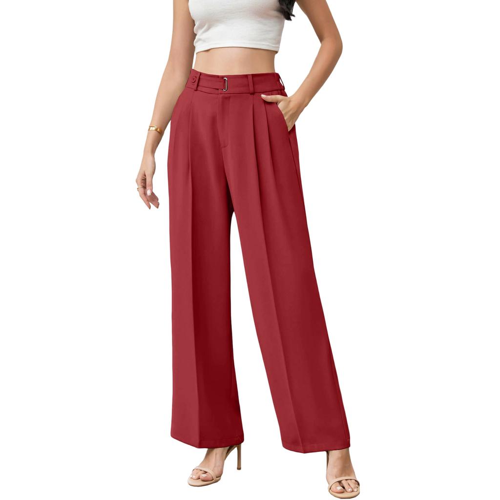 Women's High Waist Wide Leg Pants with Belt Business Casual Straight Leg Trousers for Office and Daily Wear