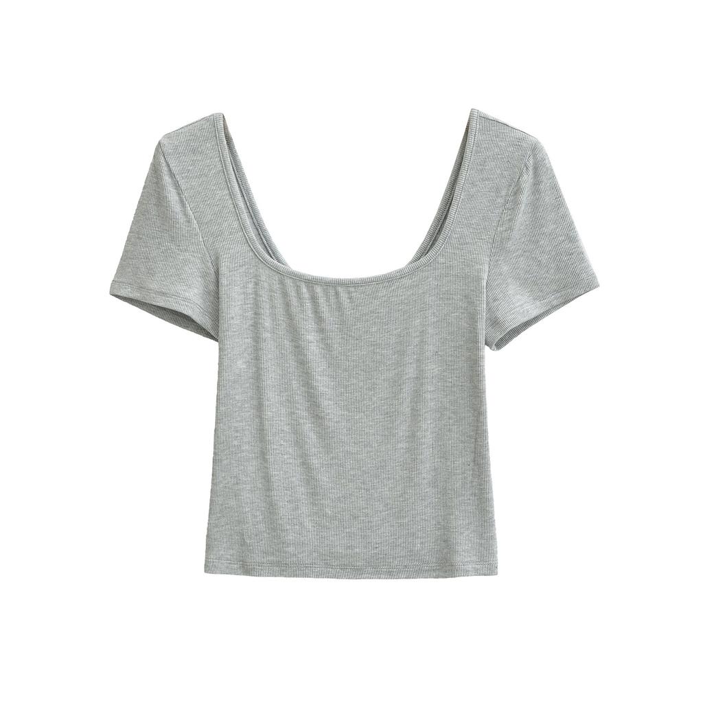 Square neck short-sleeved T-shirt women's summer new American Spice Girl solid color slim-fitting and thin bottoming top