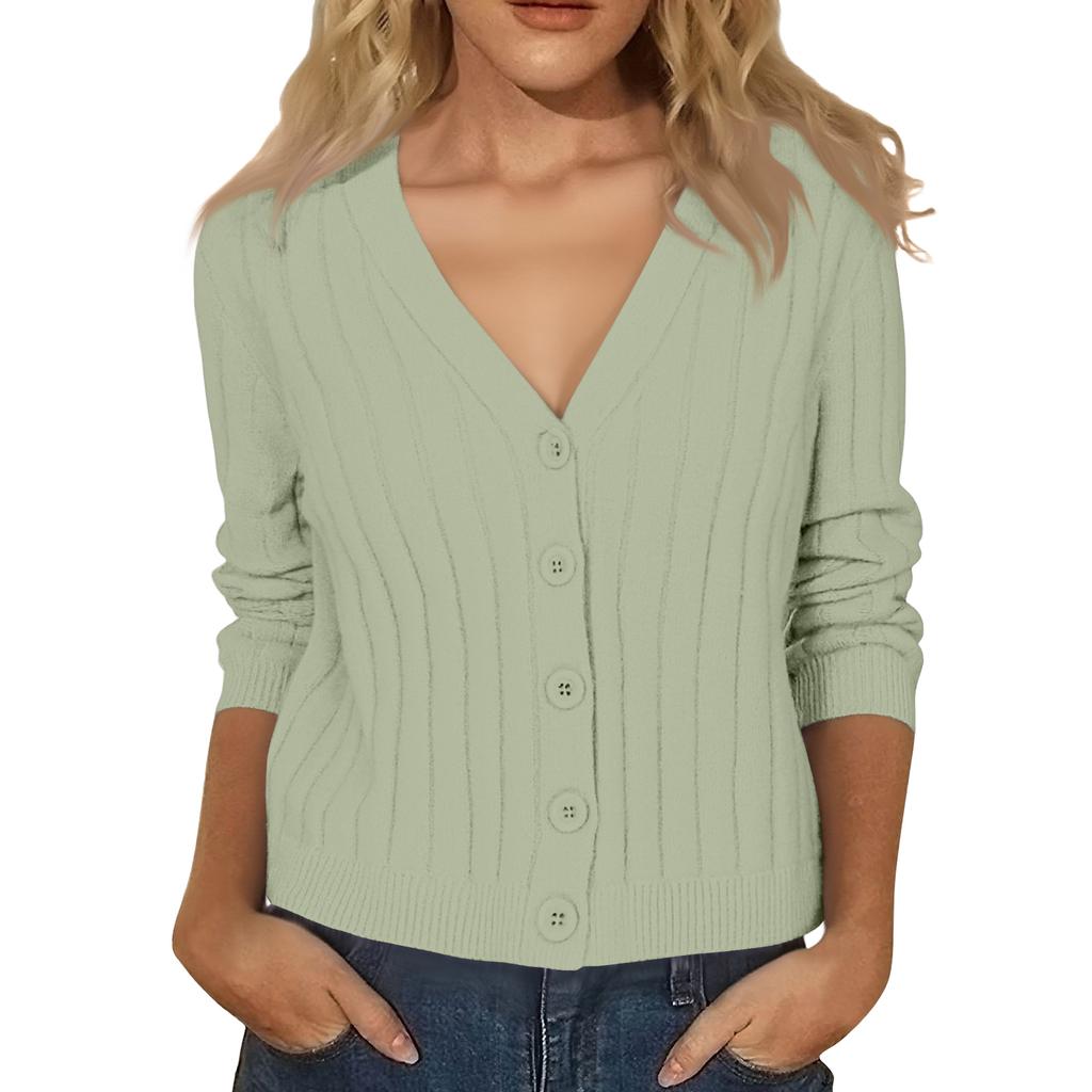 Women's Fashion Long-Sleeve V-Neck Lightweight Knit Sweater Solid Color Outerwear Top
