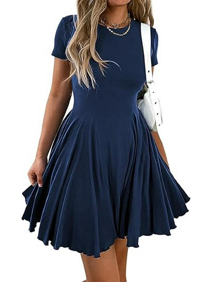 Damen Sommer Mini-Kleid mit ausgestelltem Rock, A-Linie und Falten