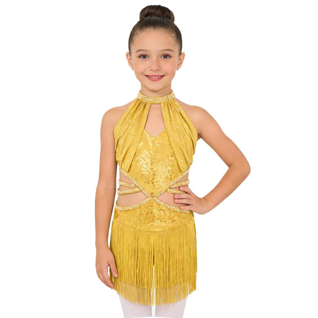 Girls Latin Leotard Sleeveless Ruched Mesh Overlay Cutout Strappy Waist Tassel Sparkle Rhinestone Dancewear