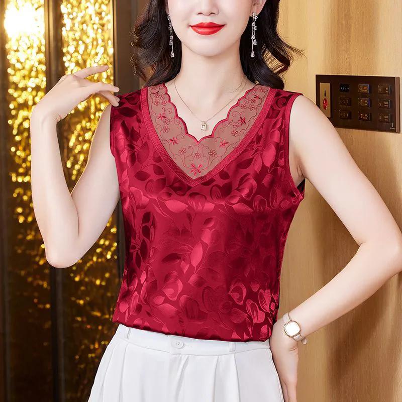 WTEMPO Large Size Satin Jacquard Camisole Vests for Women Spring Summer Solid Color Loose Lace Patchwork Sleeveless Tops